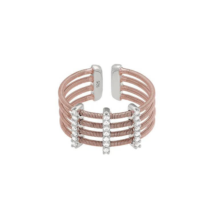 Ladies rings gothic glow -Rose Gold Finish Sterling Silver Multi Cable Cuff Ring with Rhodium Finish Simulated Diamond Vertical Bars