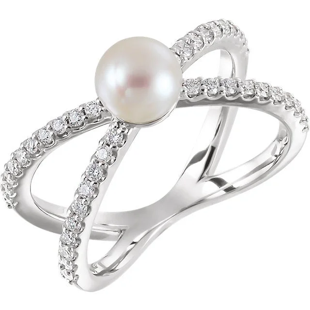 Ladies rings fairy charm -14KT GOLD PEARL AND DIAMOND CRISS CROSS RING