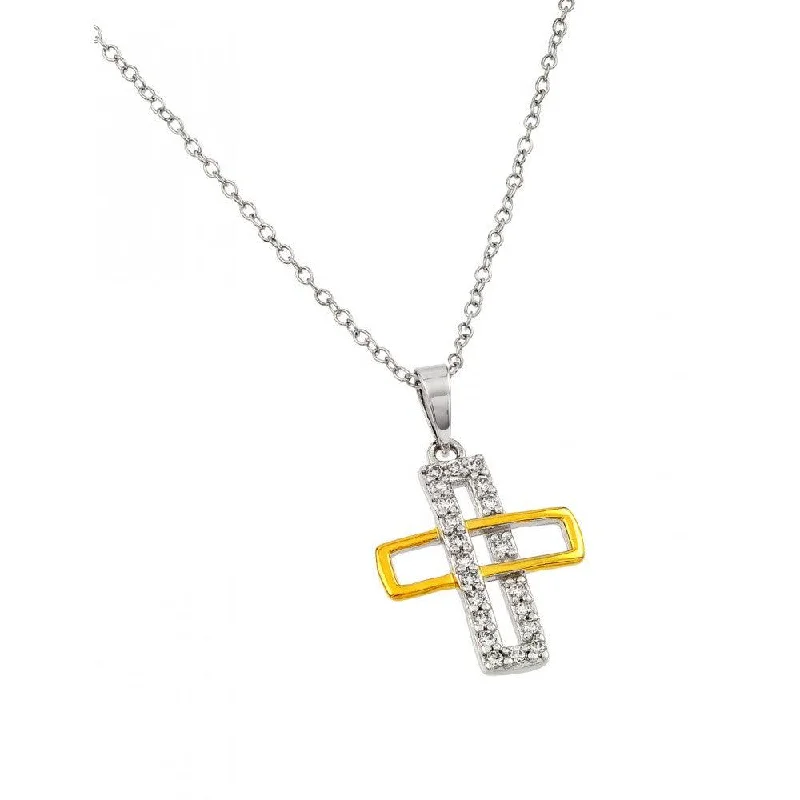 ladies necklaces retro design-Silver 925 Rhodium and Gold Plated Interlaced Rectangle Cross Pendant Necklace - BGP00884