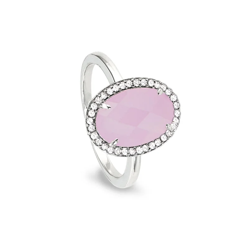 Ladies rings heirloom charm -Platinum Finish Sterling Silver Micropave Facet Cut Rose Quartz Ring with Simulated Diamonds