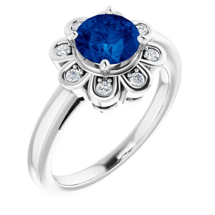 Ladies rings flamingo shine -14K White Lab-Grown Blue Sapphire & 1/8 CTW Natural Diamond Ring