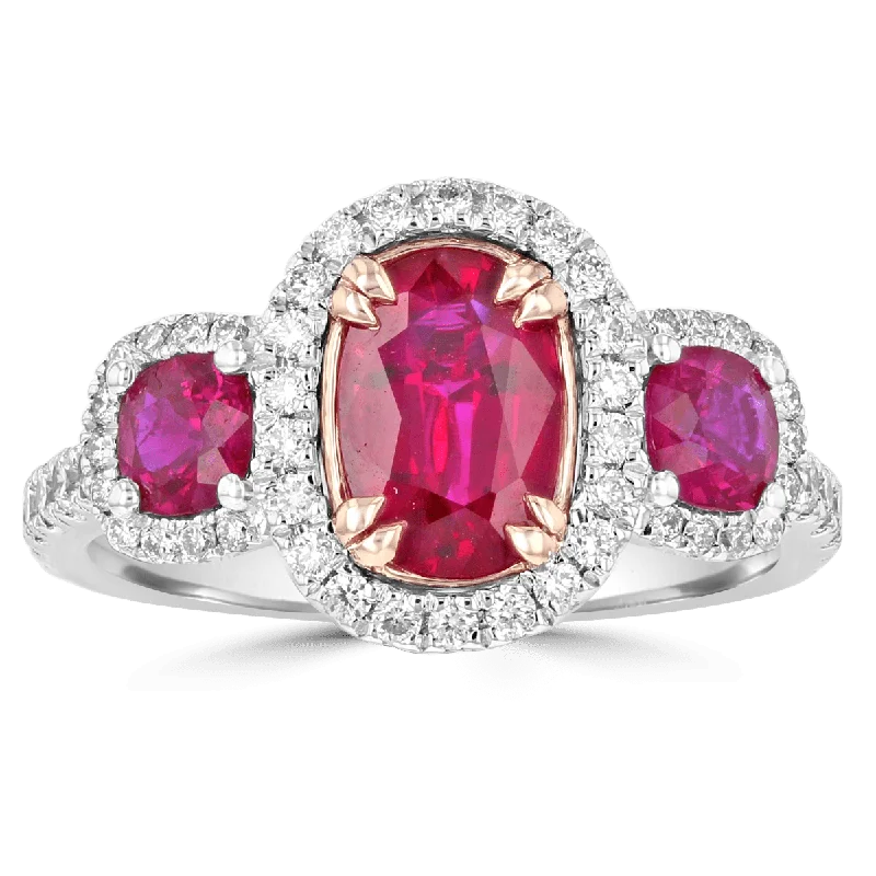 Ladies rings future glow -JULEVE TWO-TONE 2.06 CTW RUBY & .51 CTW DIAMOND 3 STONE HALO RING