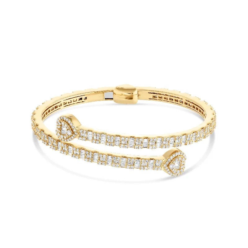 Ladies bracelets fame glow -Baguette & Round Cut Diamond Open Cuff Heart Bangle Bracelet