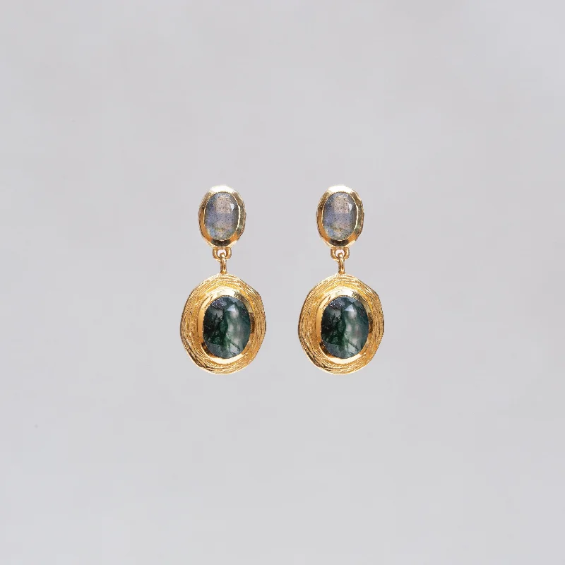 ladies earrings offers-Gold Labradorite and Moss Agate Drop Stud Earrings