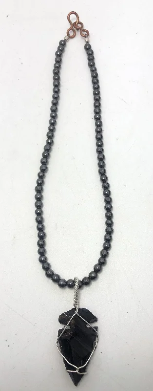 ladies necklaces storage-18 inch 6mm Hematite Beaded necklace with Apache Tear Obsidian Pendant