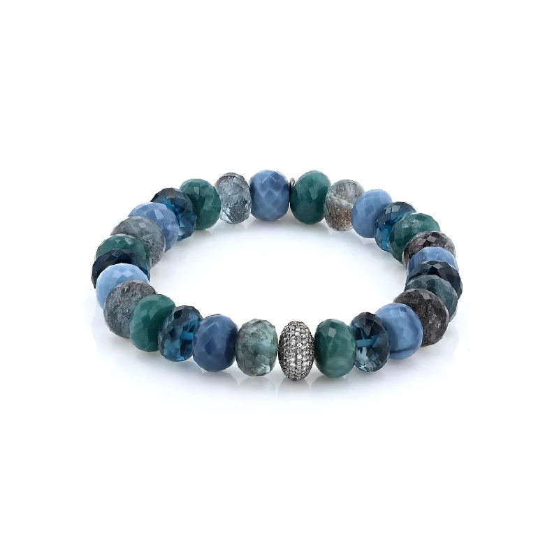 Ladies bracelets aged charm -Blue Green Mix Bead Bracelet with Diamond Donut - 10mm  B0003577