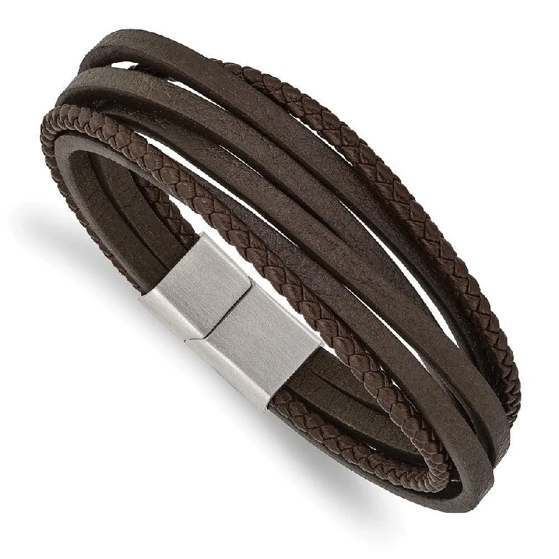 Ladies bracelets roaring 20s -Stainless Steel Brushed Brown Leather Multi Strand 8in Bracelet