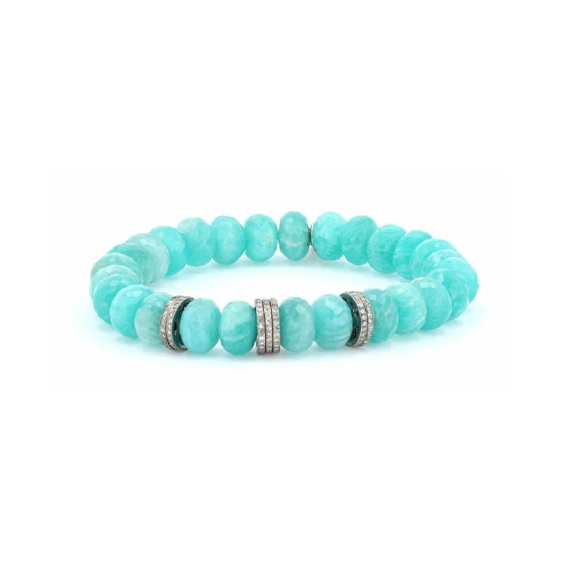 Ladies bracelets breeze radiance -Amazonite Faceted Bead Bracelet with 7 Pave Diamond Rondelles - 10mm : B0003443