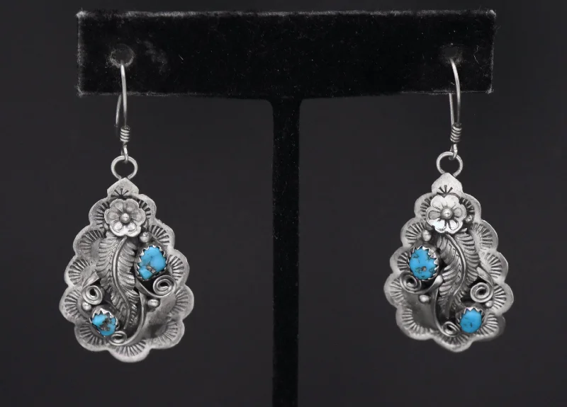 ladies earrings unique-Vintage Handmade Turquoise and Sterling Silver Dangle Earrings