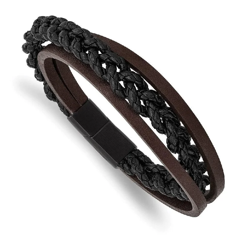 Ladies bracelets dual shine -Stainless Steel Brushed Black IP Multi Strand Black/Brown Leather Bracelet