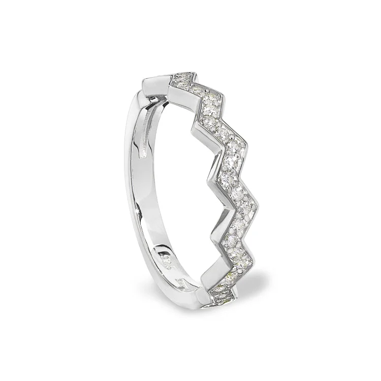 Ladies rings elephant shine -Platinum Finish Sterling Silver Micropave Ups and Downs Ring with Simulated Diamonds