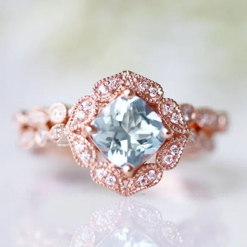 ladies engagement rings cushion-Luxe Aquamarine Engagement Ring- 10K/14K/18K Solid Rose Gold