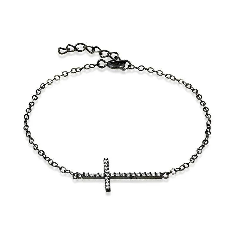 Ladies bracelets eastern gleam -Sterling Silver Black Rhodium CZ Sideways Cross Bracelet, 7"