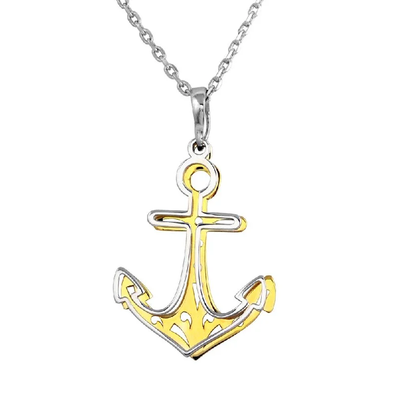 ladies necklaces display-Two-Tone 925 Sterling Silver Rhodium and Gold Plated Double Anchor Necklace - SOP00014