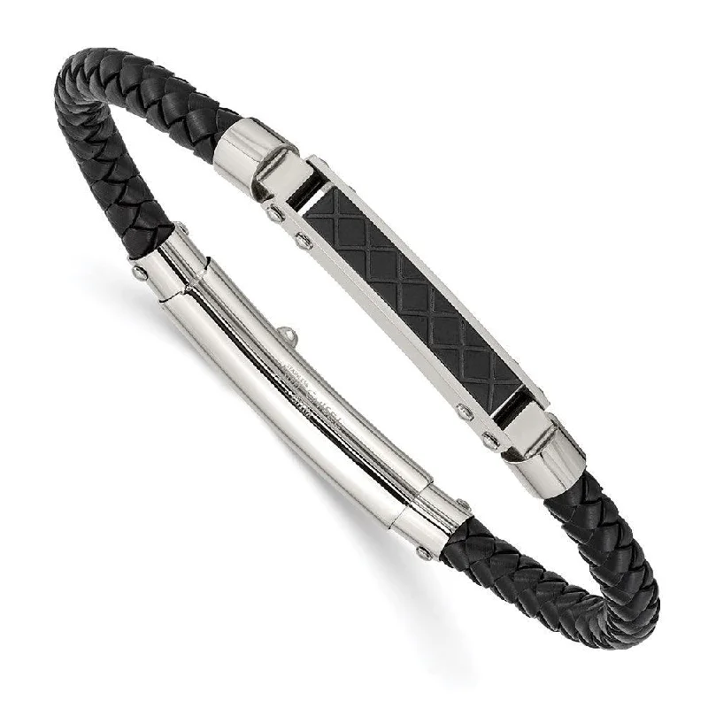 Ladies bracelets persian shine -Stainless Steel Polished Black Leather Black IP Adj. Bracelet