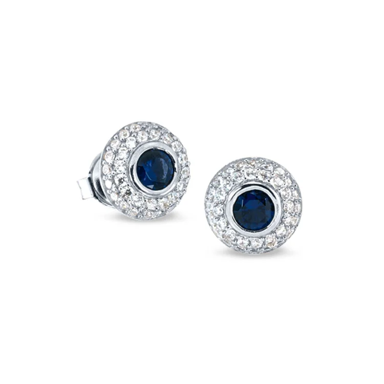 ladies earrings maintenance-Platinum Finish Sterling Silver Micropave Earrings with Synthetic Blue Sapphire and Simulated Diamonds