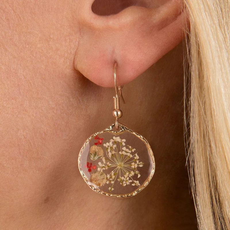 ladies earrings trending-Red Pressed Flower Drop Earrings: Flower dangle earrings