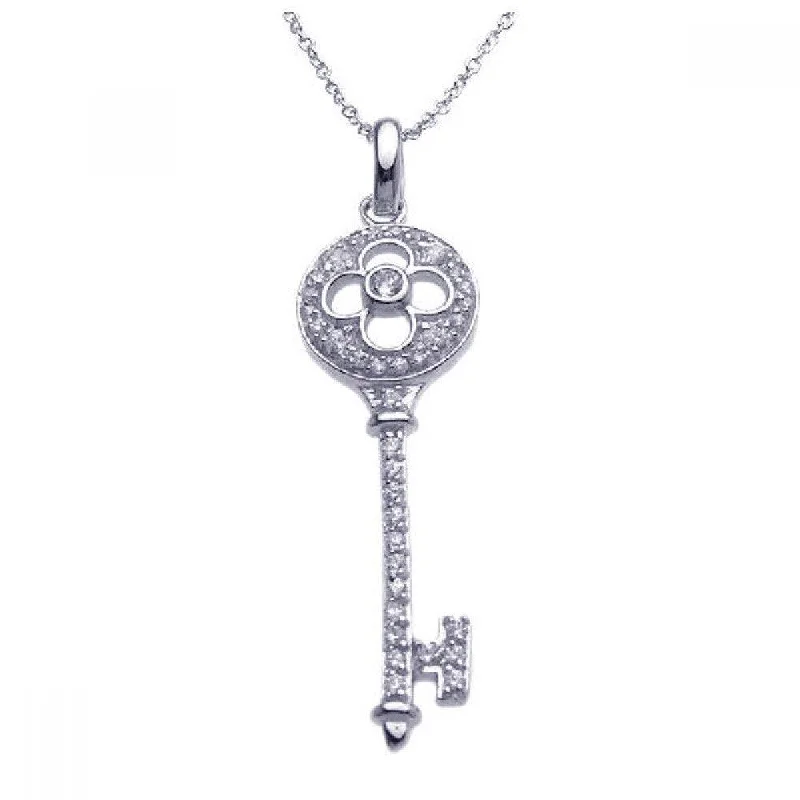 ladies necklaces office-Sterling Silver Rhodium Plated Clear CZ Clover Key Pendant Necklace - STP00972