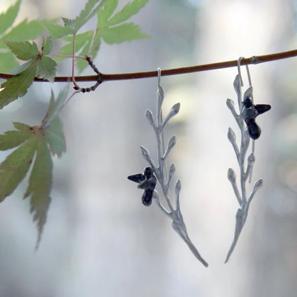 ladies earrings cocktail-Birds Sitting on Long Leaves Earrings