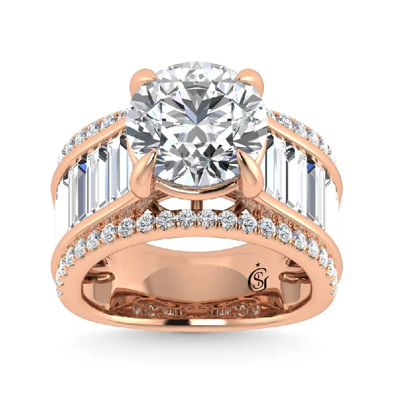 ladies engagement rings subtle-14K Rose Gold Lab Grown Diamond 8 1/6 Ct.Tw. Round and Baguette Shank Engagement Ring (Round Center)