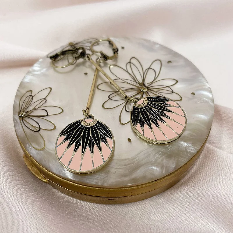 ladies earrings platinum-Disc Drop Earrings: Vintage Art Deco Style Pink Disc Drop Earrings