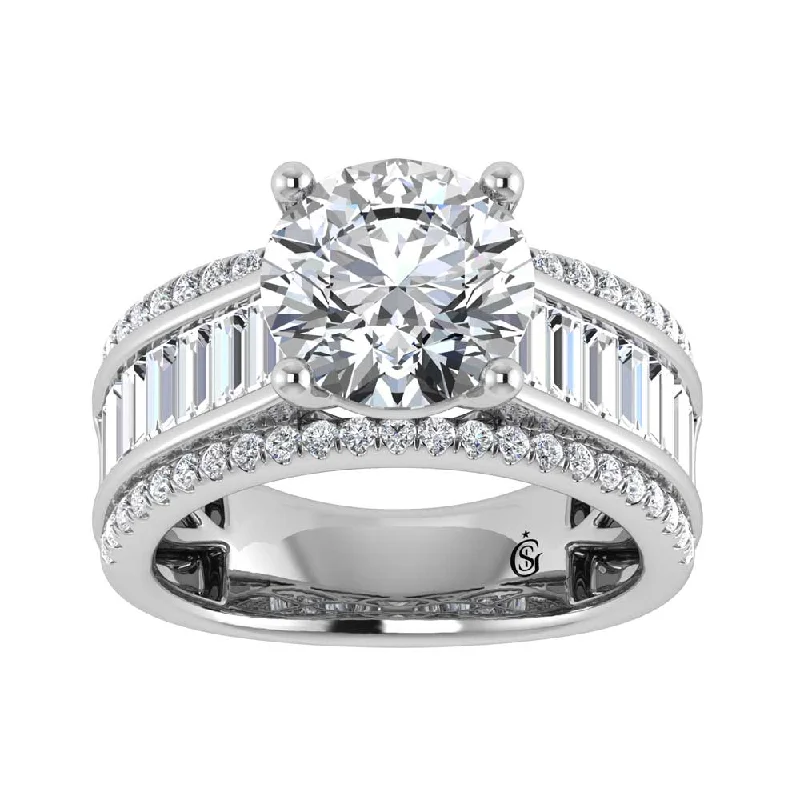 ladies engagement rings filigree-14K White Gold Lab Grown Diamond 4 1/3 Ct.Tw. Round and Baguette Shank Engagement Ring (Round Center)