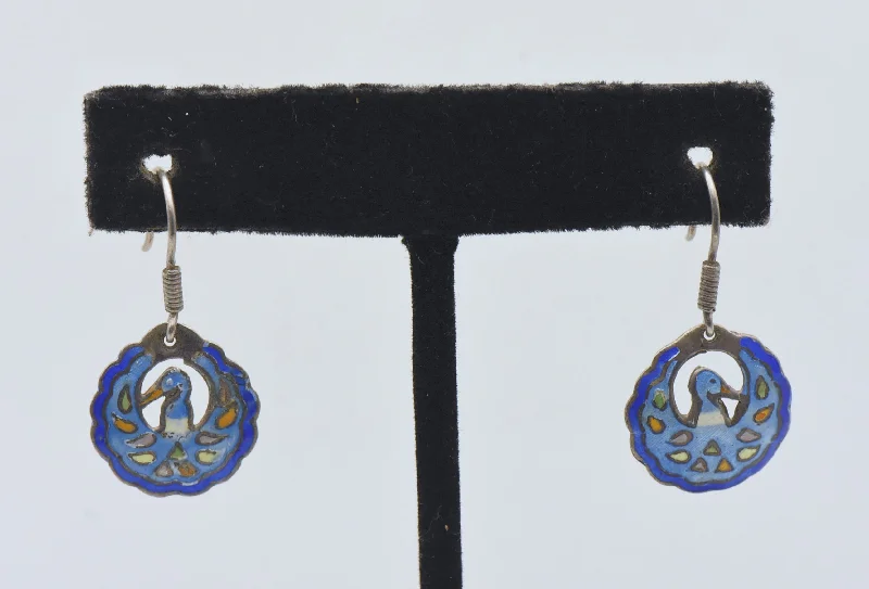 ladies earrings near me-Vintage Sterling Silver Enameled Bird Motif Dangle Earrings