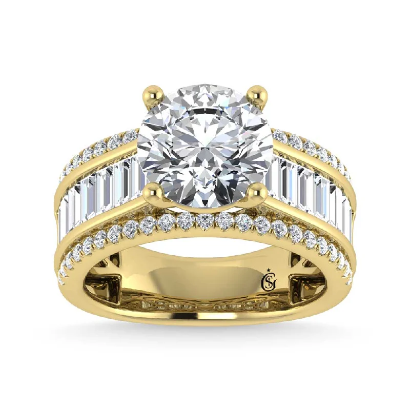 ladies engagement rings purple-14K Yellow Gold Lab Grown Diamond 4 1/3 Ct.Tw. Round and Baguette Shank Engagement Ring (Round Center)