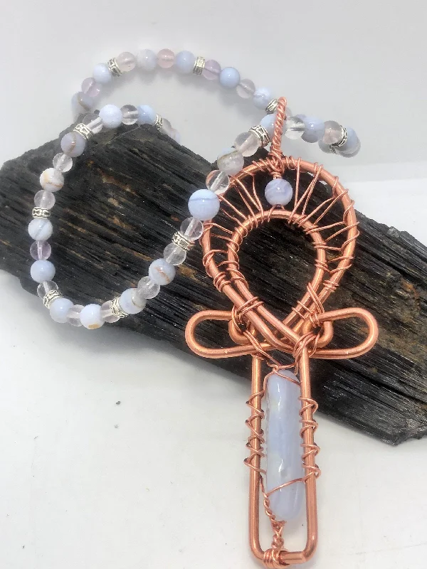 ladies necklaces second hand-17 inch Blue Lace Agate and Crystal Necklace wIth Akh Pendant Copper Necklace