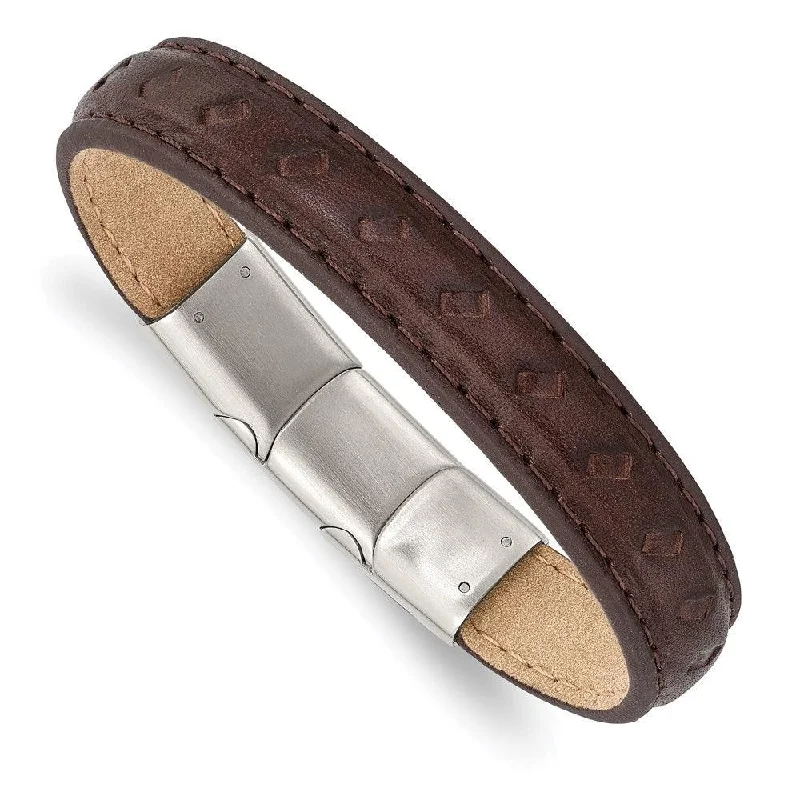 Ladies bracelets beam shine -Stainless Steel Polished Brown Leather w/.5in ext 7.75in Bracelet