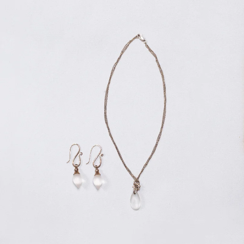 ladies earrings fashion-Set of Silver Necklace and Earrings with Frosted Glass