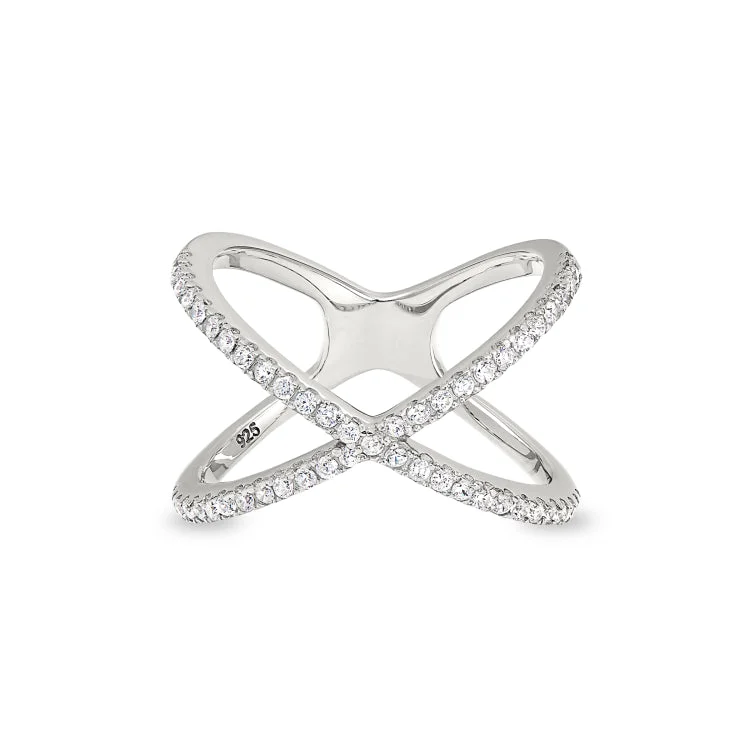 Ladies rings love glow -Platinum Finish Sterling Silver Micropave Criss-Cross Ring with Simulated Diamonds