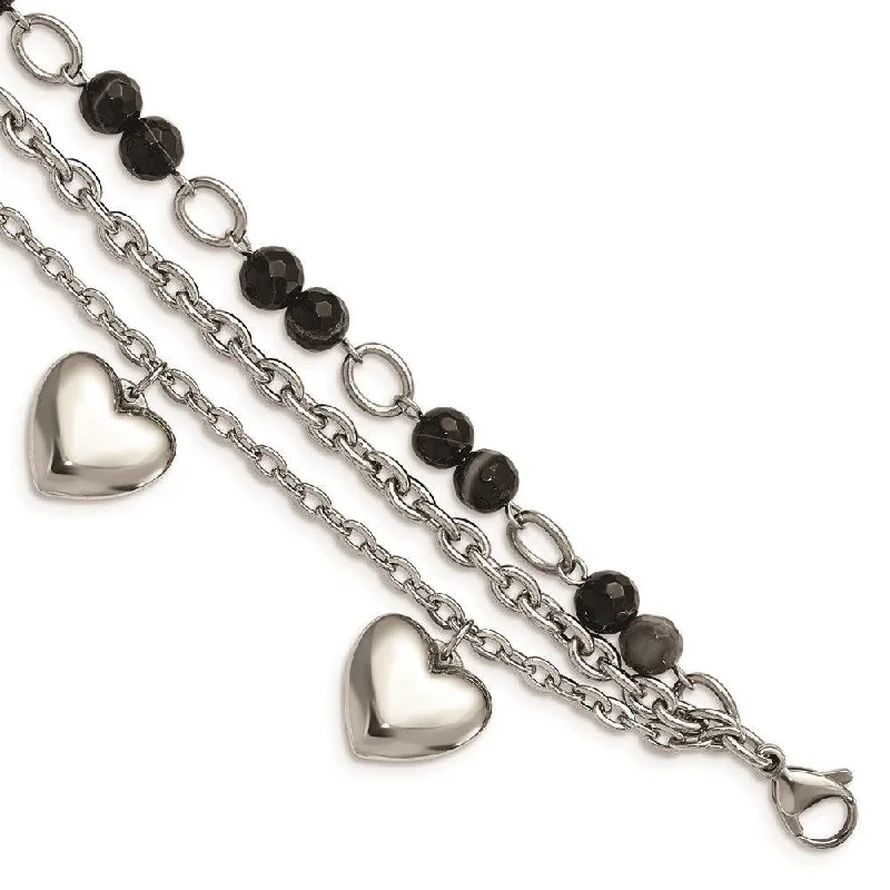 Ladies bracelets scarce charm -Stainless Steel Polished w/Black & White Agate with Hearts Bracelet