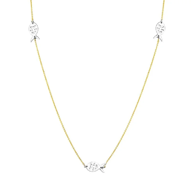 ladies necklaces synthetic-Two-Tone 925 Sterling Silver Gold Plated 5 Fish 34 Inches Necklace - DIN00023GP