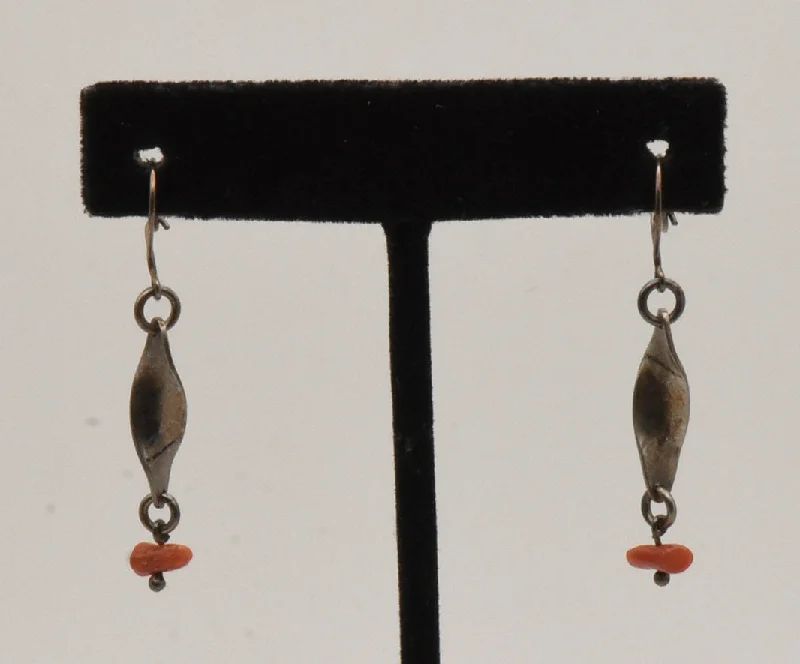 ladies earrings storage-Vintage Silver Helix Red Coral Dangle Earrings