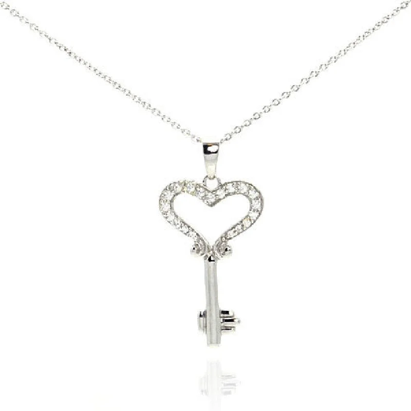 ladies necklaces party-Silver 925 Black Rhodium Plated Clear CZ Key Heart Pendant Necklace - STP00997