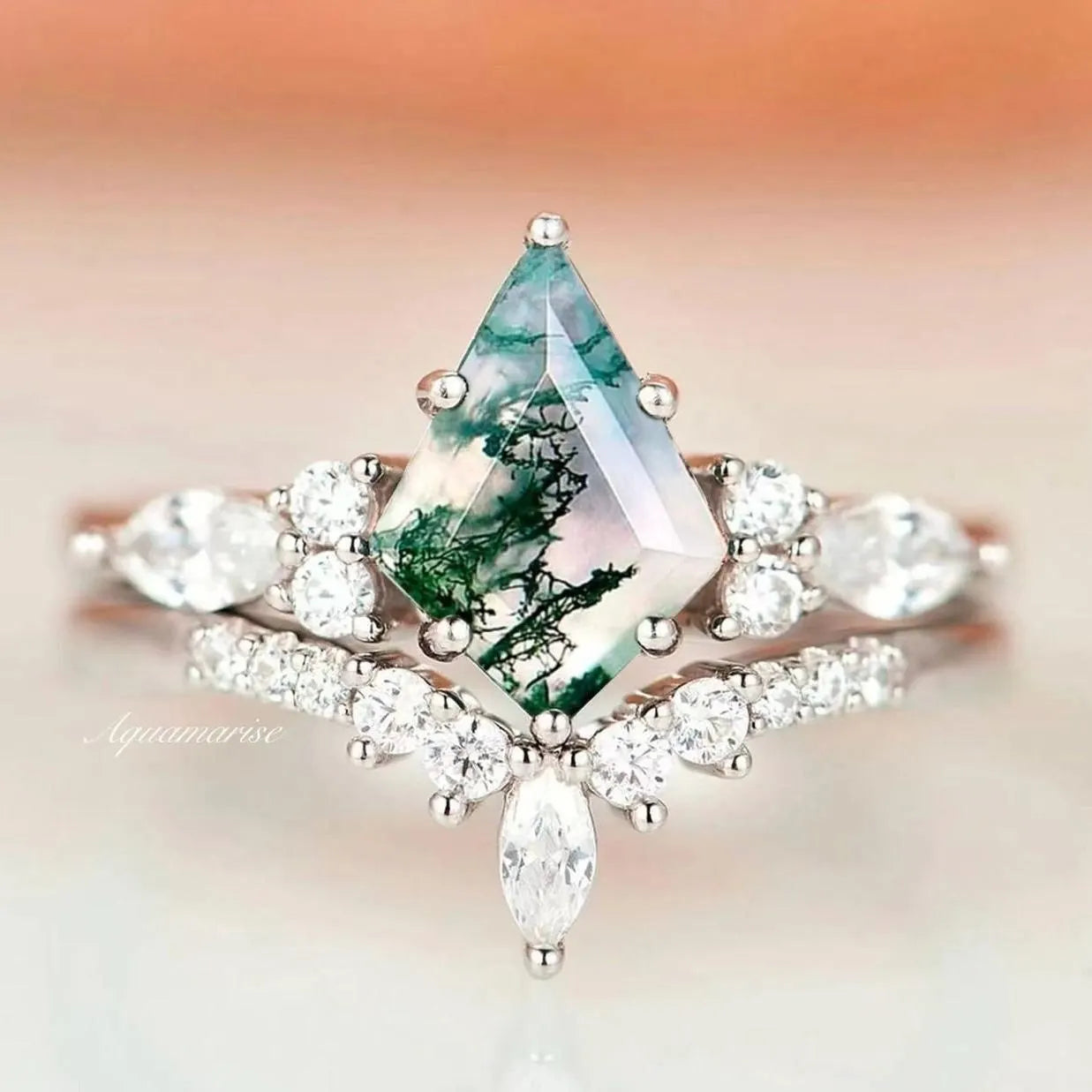 ladies engagement rings green-Skye Kite™  Green Moss Agate Engagement Ring Set- 14K White Gold