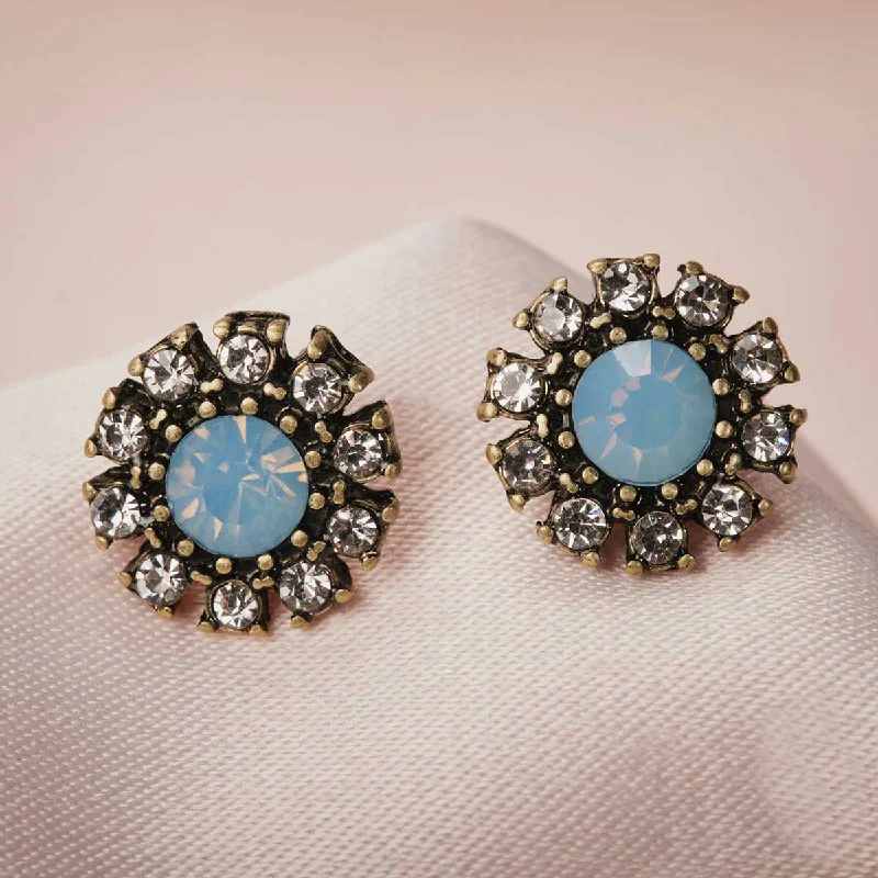 ladies earrings 1980s-Crystal Stud Earrings: Blue Opal Stone & Crystal Studs