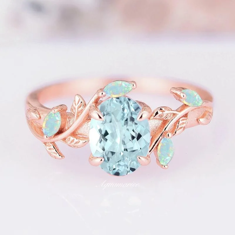 ladies engagement rings baguette-Aquamarine & Australian Opal Leaf Engagement Ring- 14K Rose Gold Vermeil