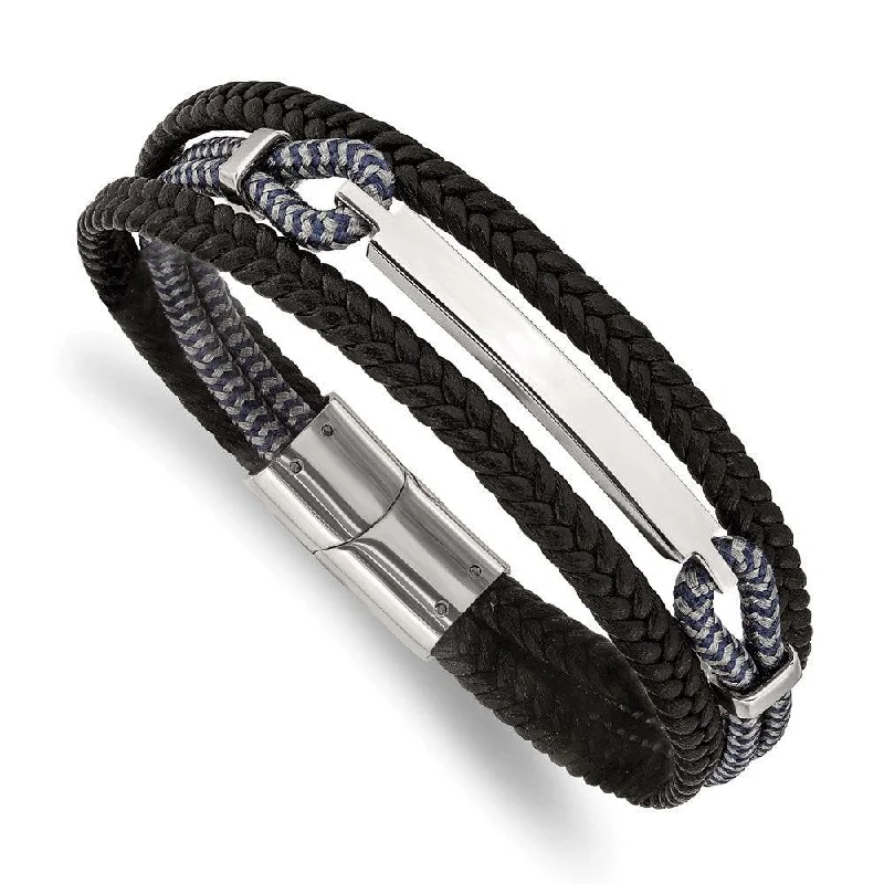 Ladies bracelets tile glow -Stainless Steel Polished Leather and Cotton Multi Strand 8.25in ID Bracelet