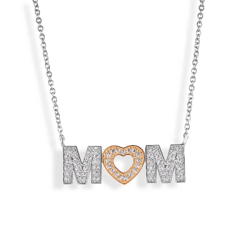 ladies necklaces y shaped-Silver 925 Rhodium and Gold Plated Clear CZ MOM with Heart Pendant Necklace - BGP00831