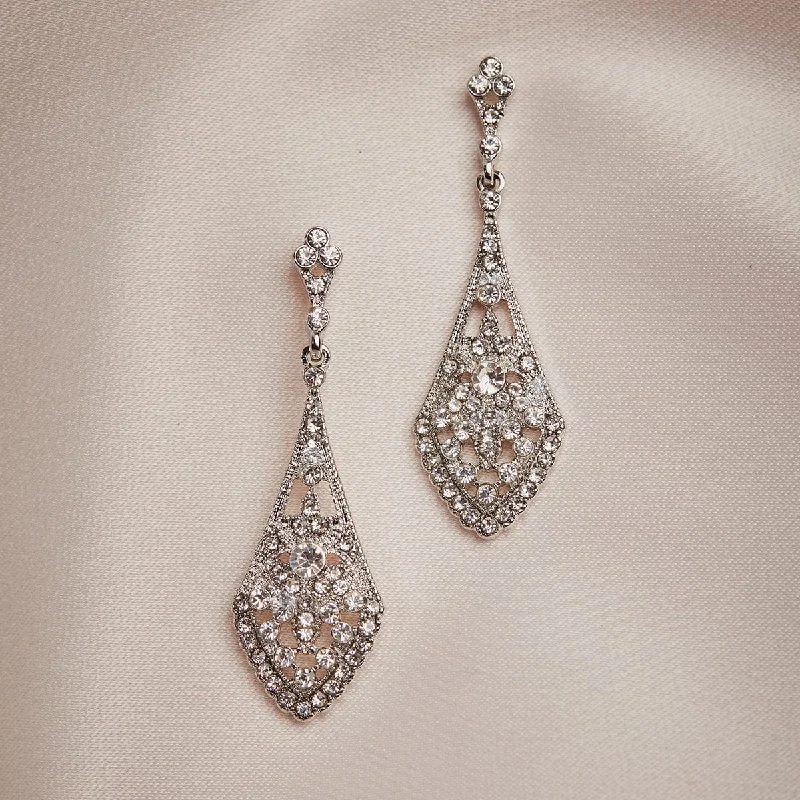 ladies earrings maintenance-Art Deco Crystal Earrings: Deco Diamante Long Drop Earrings