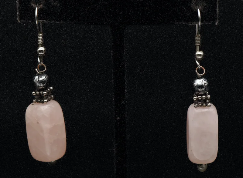 ladies earrings mid century-Vintage Rose Quartz Dangle Earrings