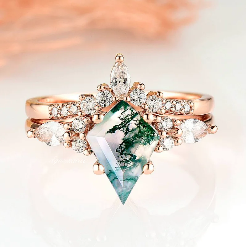 ladies engagement rings narrow-Skye Kite™  Green Moss Agate Engagement Ring Set- 14K Solid Rose Gold