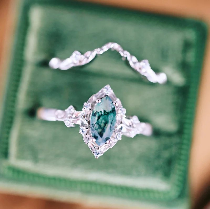 ladies engagement rings vintage style-Fairy Green Moss Agate Engagement Leaf Ring Set- 14K White Gold