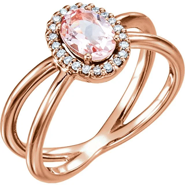 Ladies rings woodland glow -14KT GOLD MORGANITE & DIAMOND CRISS CROSS HALO RING