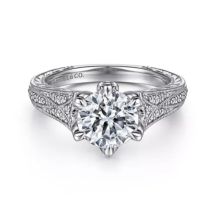 ladies engagement rings tiffany-Elanie - Vintage Inspired 14K White Gold Round Diamond Engagement Ring