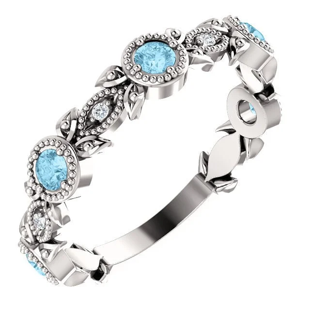 Ladies rings bezel charm -14KT GOLD 0.30 CTW AQUAMARINE & 0.03 CTW DIAMOND LEAF RING