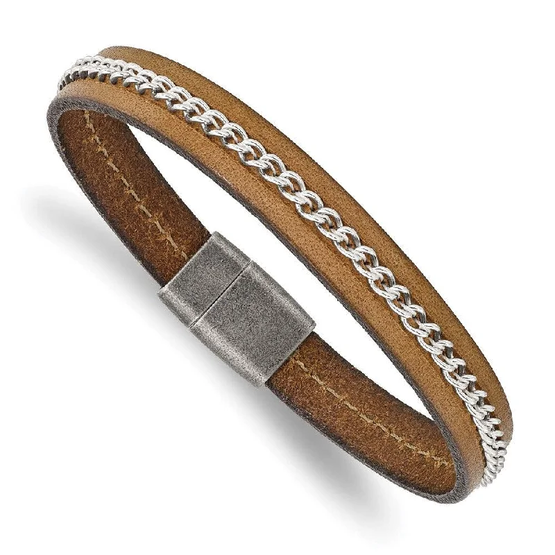 Ladies bracelets old radiance -Stainless Steel Antiqued Brushed & Polished Brown Leather & Chain Bracelet