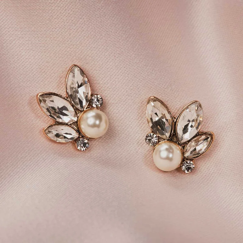 ladies earrings splurge-Vintage Crystal Earrings: Leaf And Pearl Stud Earrings